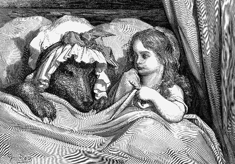 Gustave Doré's 1862 engraving of the scene: "She was astonished to see how her grandmother looked."