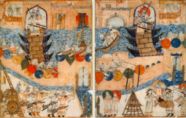 “Conquest of Baghdad by the Mongols 1258”, Rashid-ad-Din's Gami' at-tawarih, circa 1300-1325. Watercolours and gold on paper.