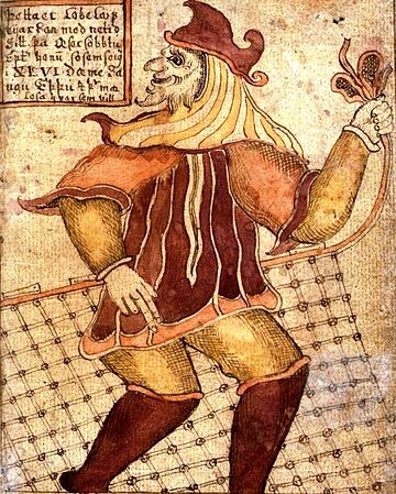 Loki with a fishing net, as depicticted in an 18th-century Icelandic manuscript.