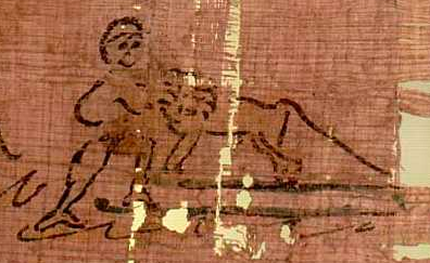 Hercules fights the Nemean Lion as his first labour, as depicted in the Heracles Papyrus (circa 250 CE), one of the few surviving scraps of illustrated classic Greek literature on papyrus.